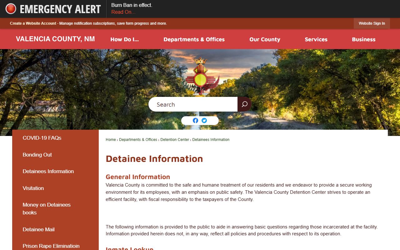 Valencia County detainee information page for jail inmate records