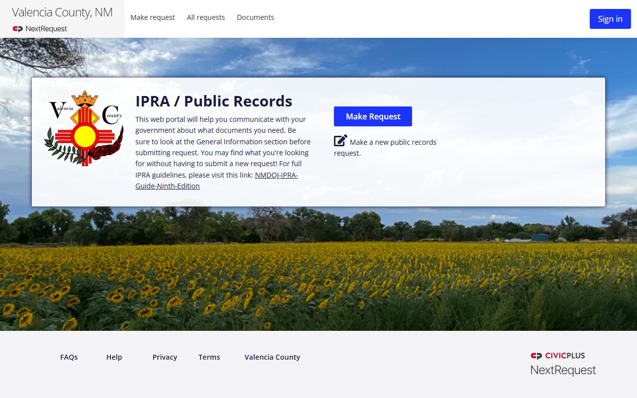 Valencia County NextRequest public records portal for mugshot requests